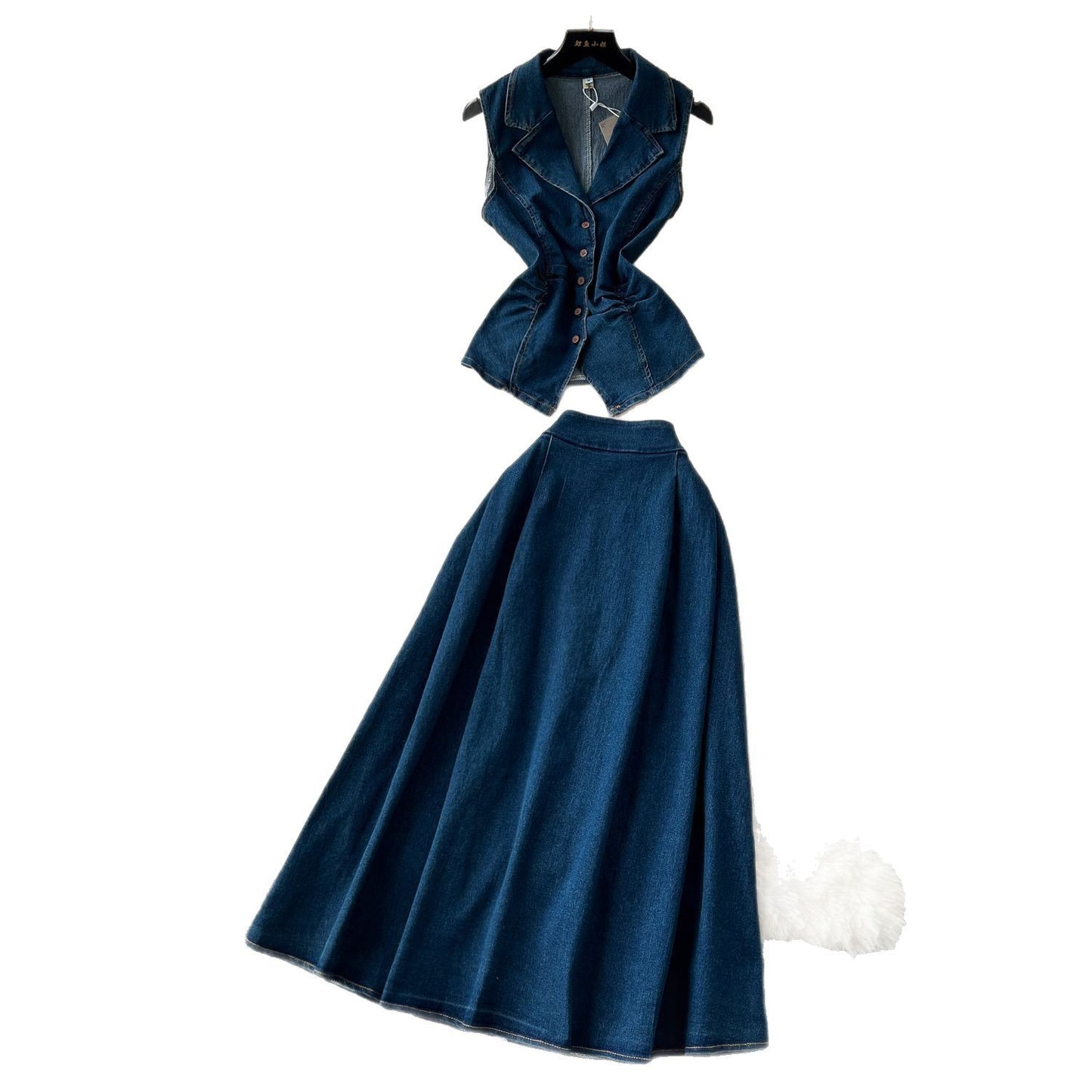 Womens Mature-style Pleated Waist-cinching Blazer With A Lapel Collar And High-waisted Midi Skirt