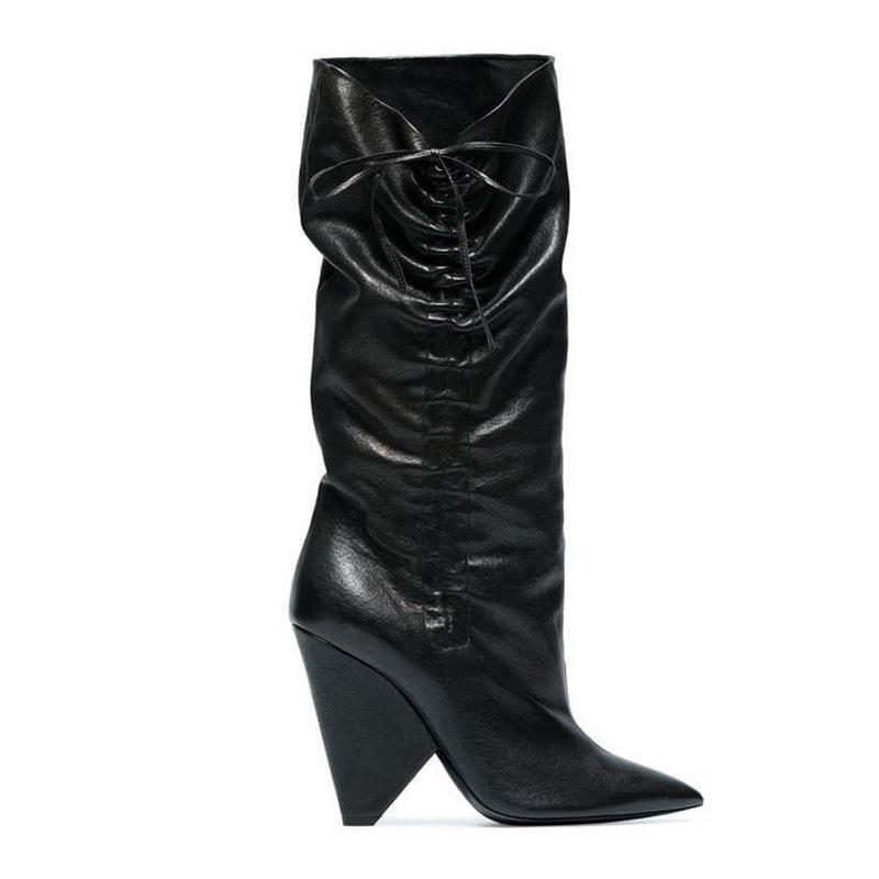 Tapered Heel High Top Martin Boots Pleated Lace Ladies