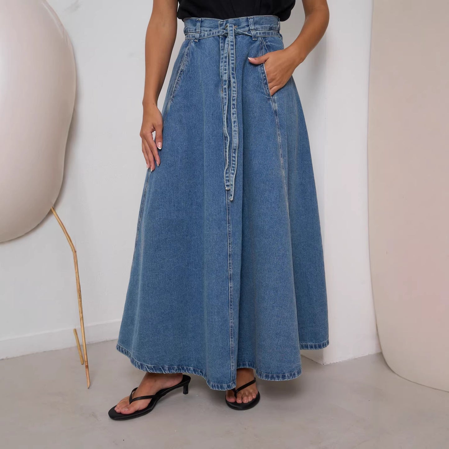 SpringSummer New High Waisted Slimming Casual Denim Midi Skirt