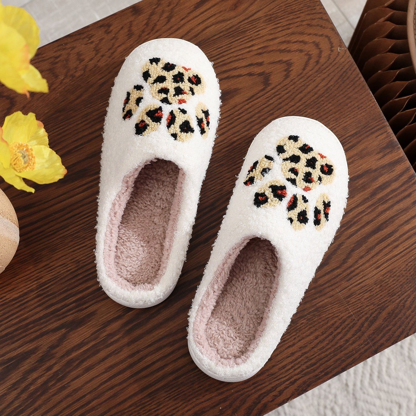 Cartoon Leopard Print Cat's Paw Cotton Slippers