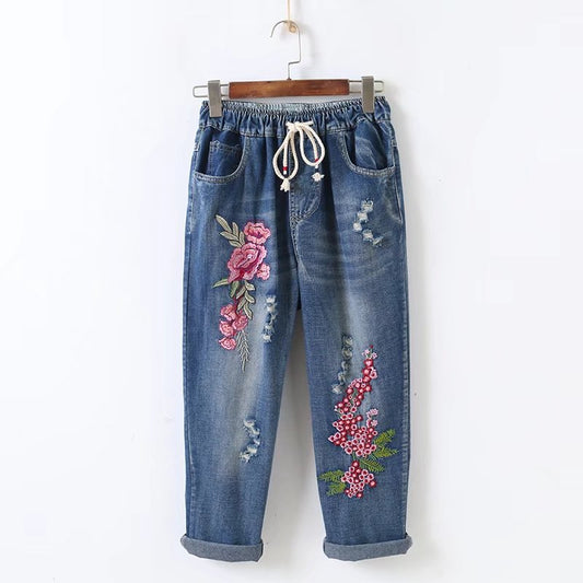 Embroidery Loose All-matching Elastic Waistband Hole Cropped Jeans