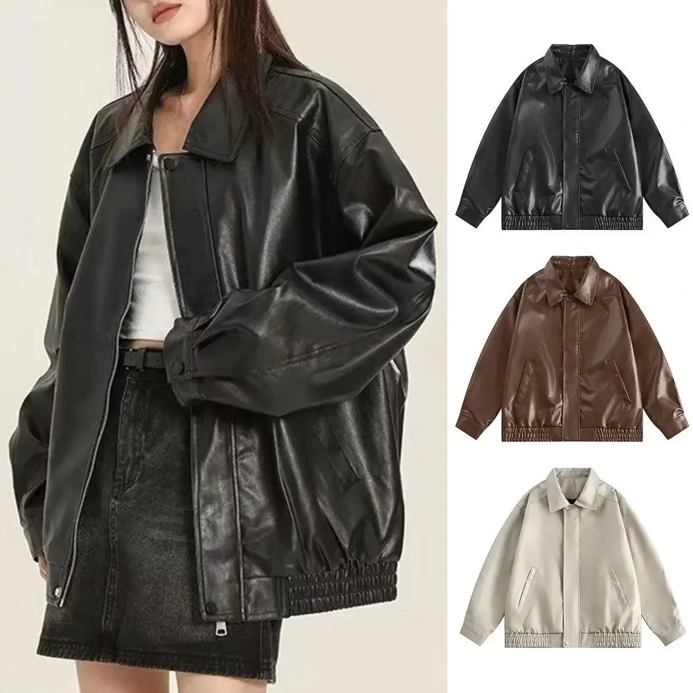 Women Jacket with Pocket Women Faux Leather Jacket Vintage American Style Women'S Faux Leather Jacket Loose Fit Zipper Pocket