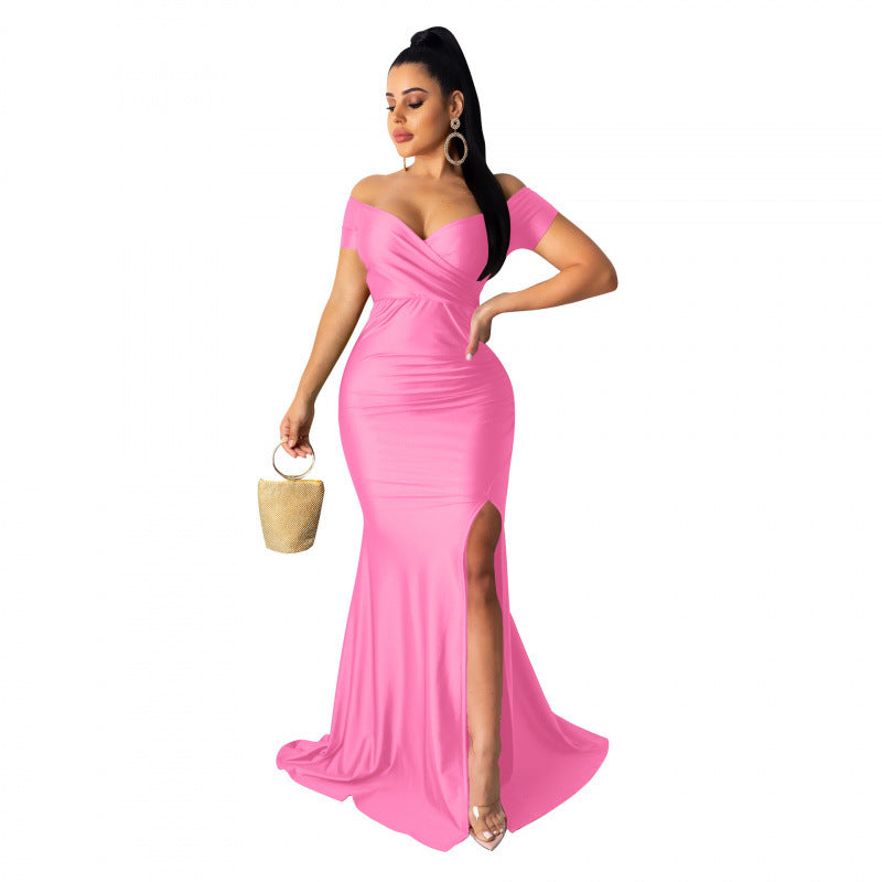 Nightclub V-neck Formal Dress In Solid Color With A High Slit And Short Sleeves