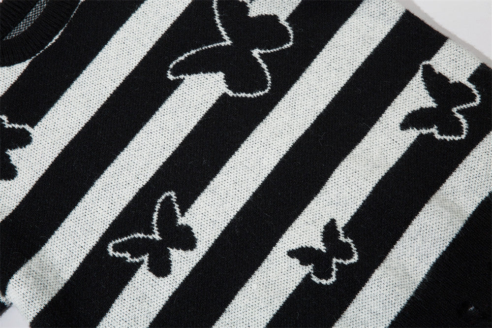 Stribet Kontrastfarvet Sommerfugl Rund Hals Sweater Efterår Og Vinter