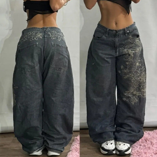 Washed Printed Loose Straight Wide-leg Jeans