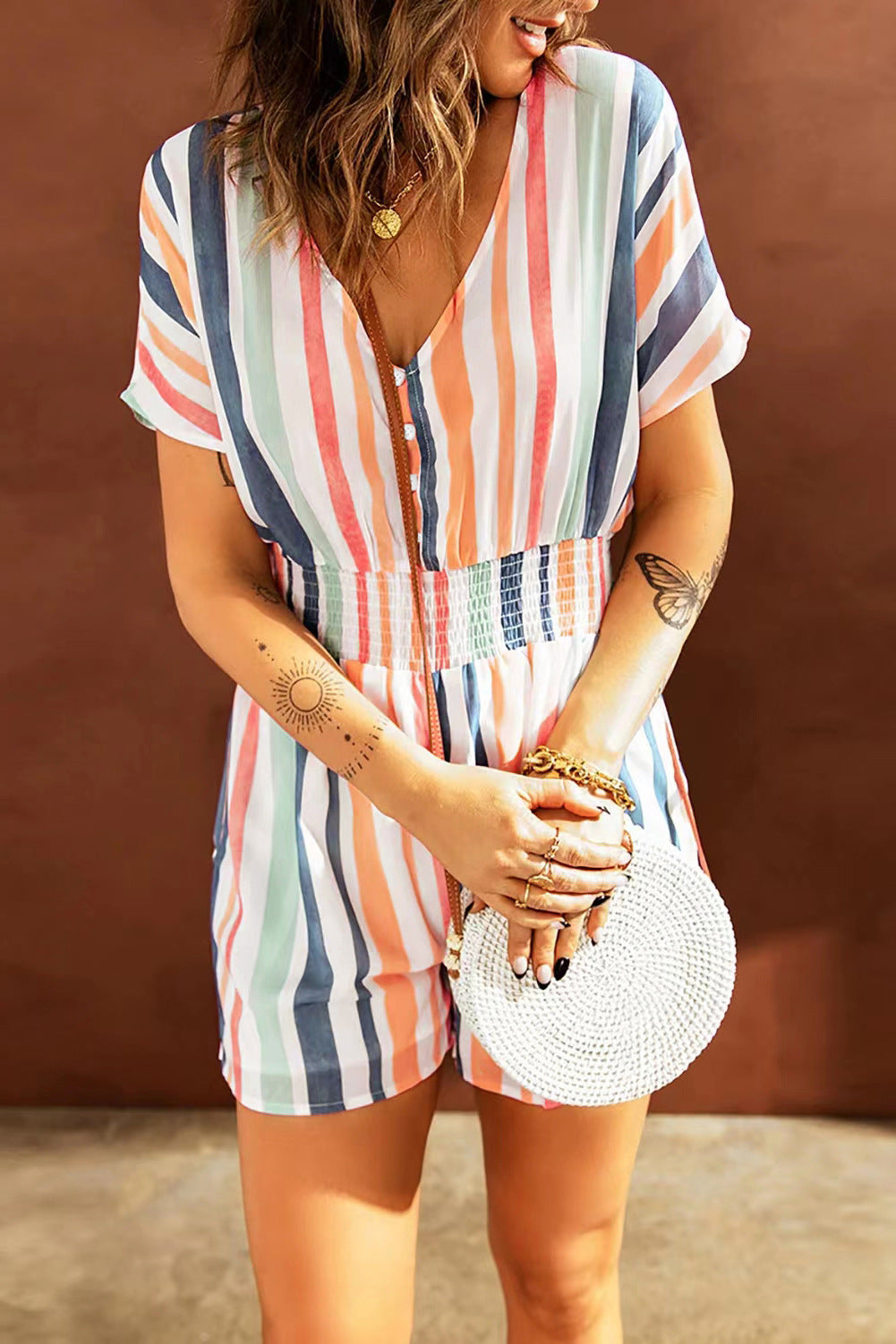 Ladies Elastic Waist Stripe Print V Neck Button Bodysuit