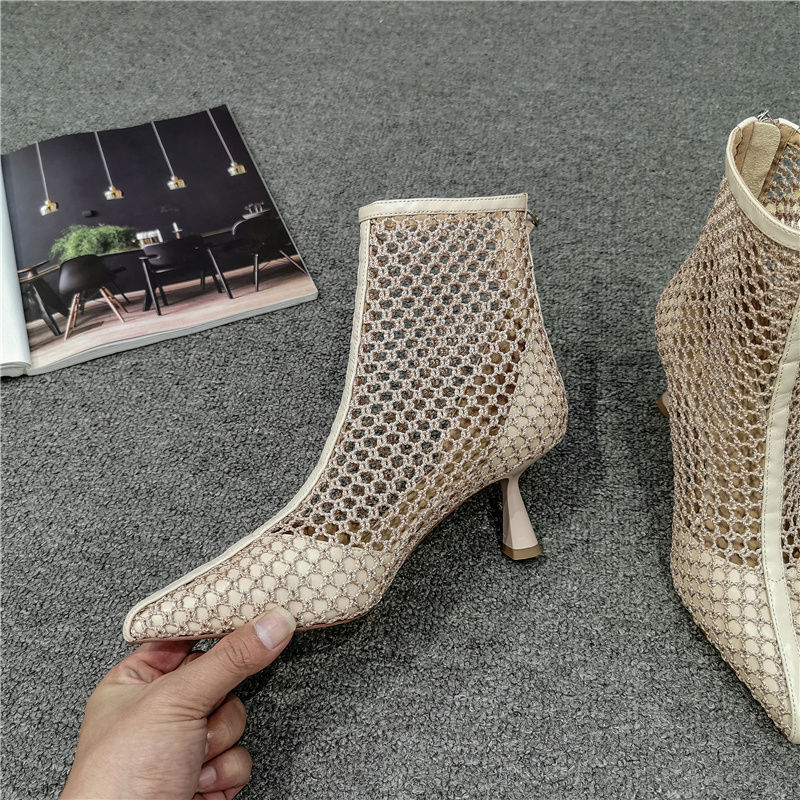 Women's Hollow Pointed High Heels Mesh Breathable Stiletto Boots Sandals