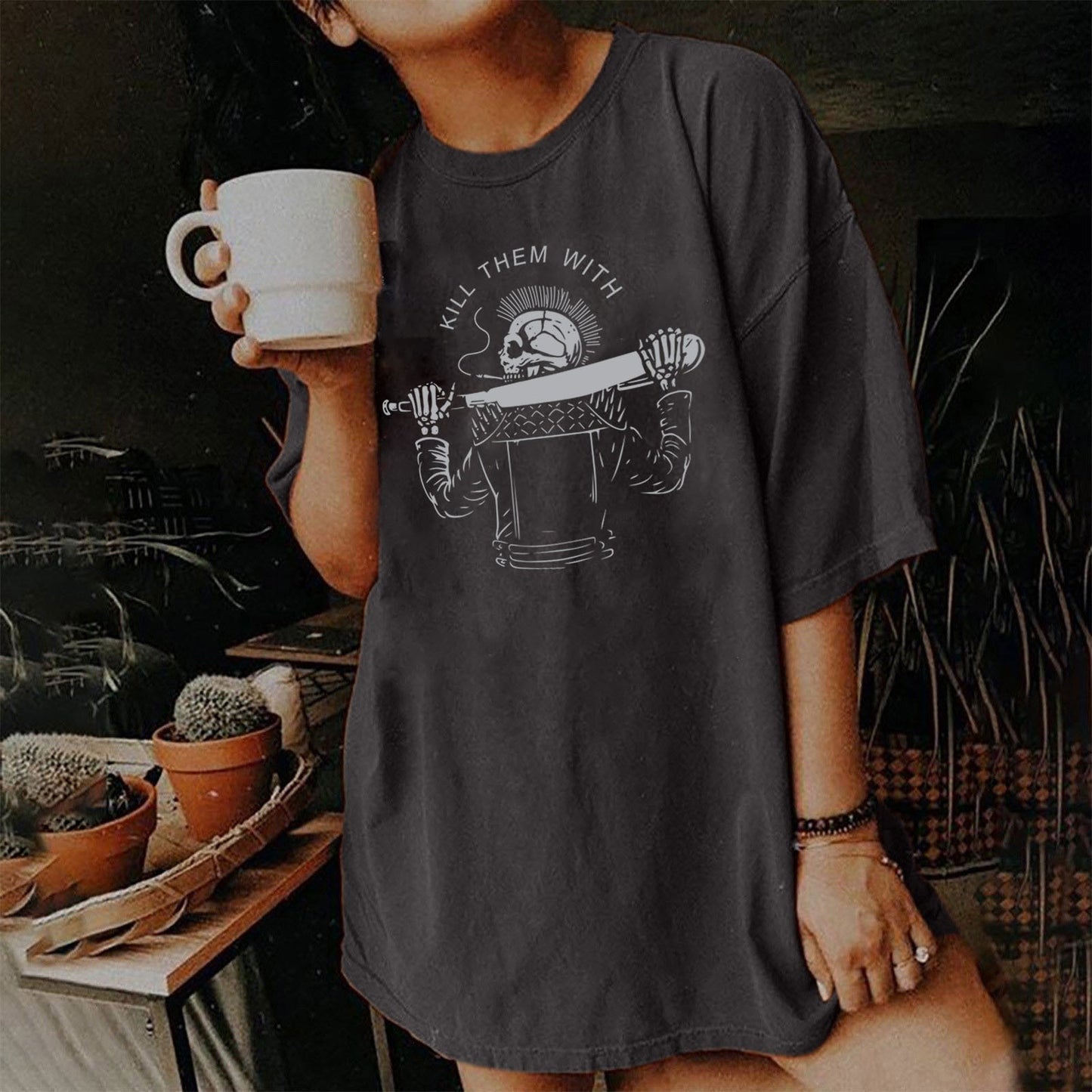 Women's Short Sleeved Vintage T-shirt Skull Print High Street Fashion