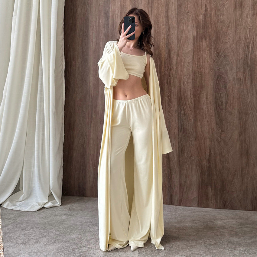 Long-sleeve Undershirt Long Pants And Knit Loungewear Set 3 Pieces