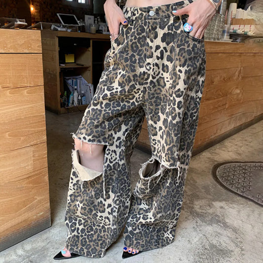 American Vintage Leopartprintede Højtaljede Slankende Lige Bukser