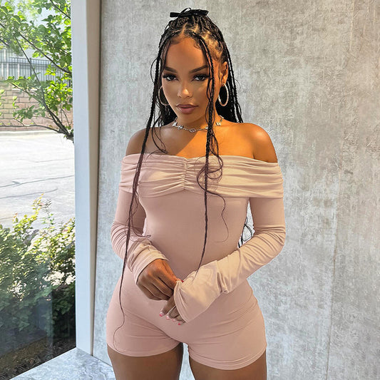 Kvinder Off-shoulder Plissering Langærmet Højtaljet Playsuit