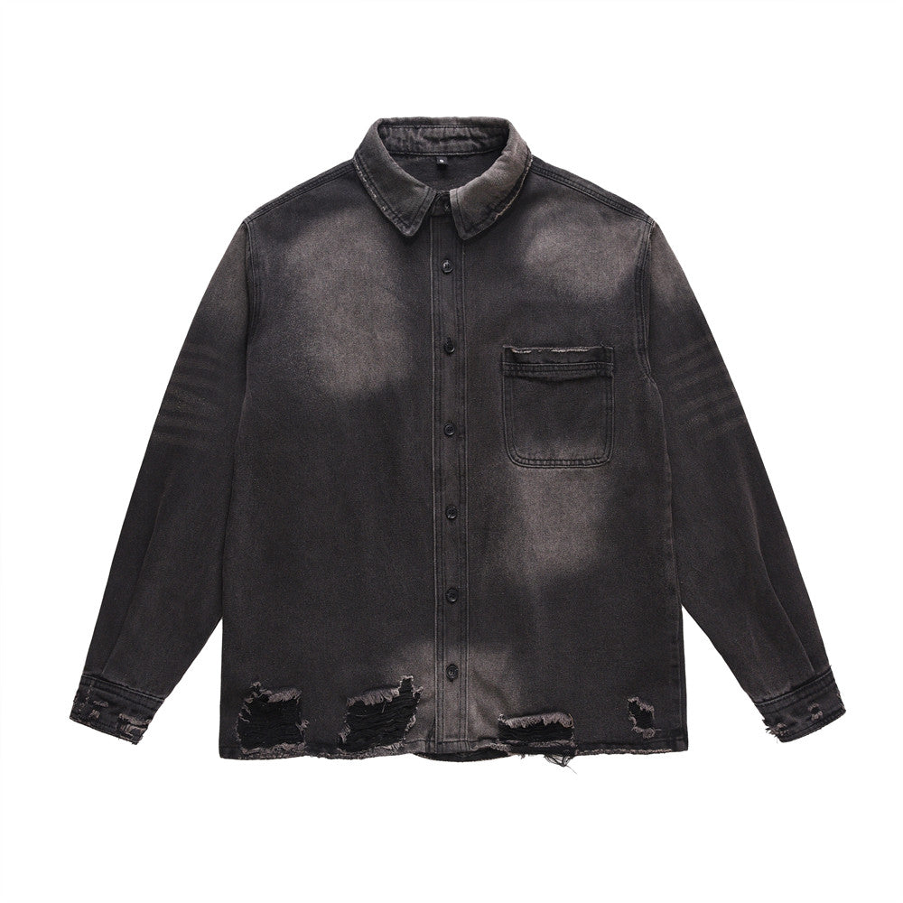 Punk Waste Soil Washed Old Ripped Denim Loose Casual Turn-down Collar Coat