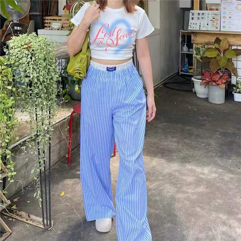 Vertical Stripes Stitching Waist Elastic Wide Leg Pants Fake Two Pieces