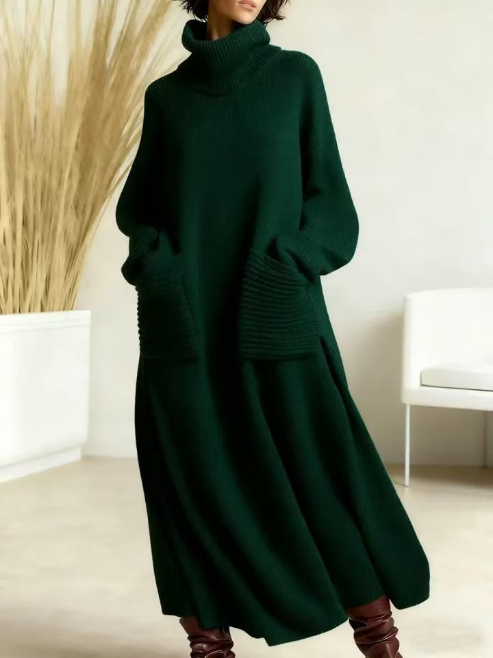 New High-neck Polyester Knit Dress With A Relaxed Fit And Pockets