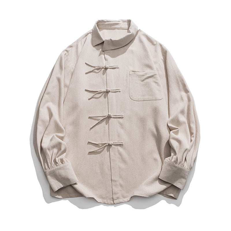 Vintage Linen Men's Casual Long-sleeved Shirt Oversized Frog Button Hanfu