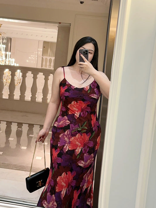 French Lazy Vintage Purple Large Flower Suspended Dress