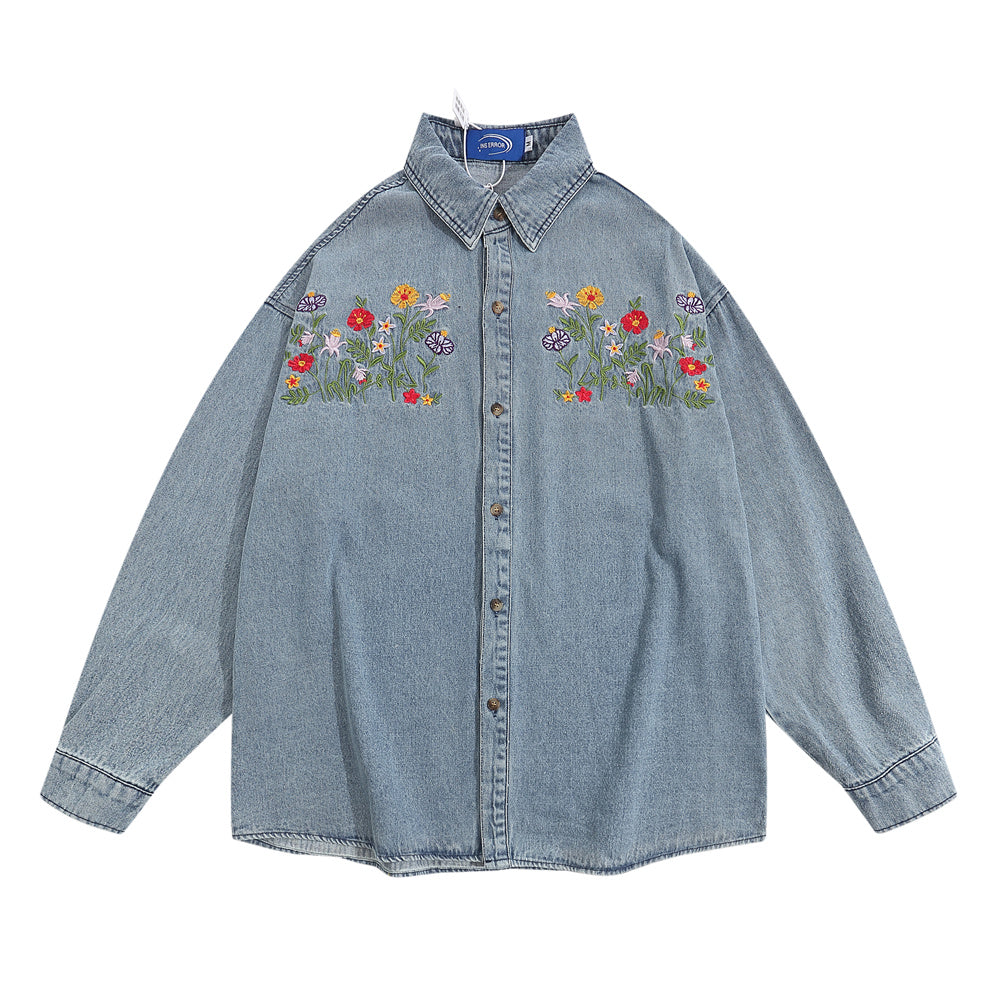 Spring And Autumn Floral Embroidery Washed Faded Loose Shirt Coat