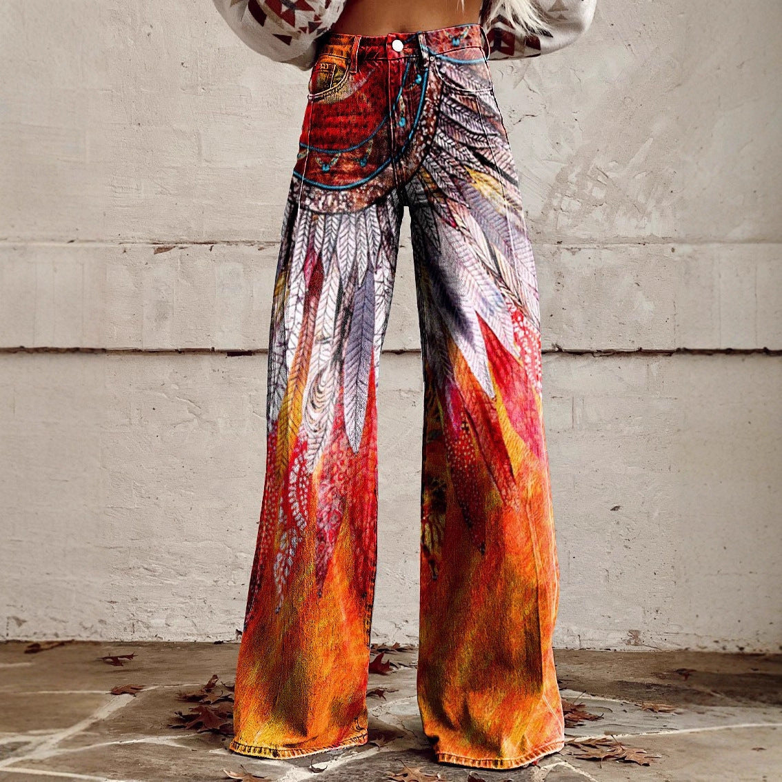 Lightweight Faux Denim Pants With Wide Legs And 3D Print