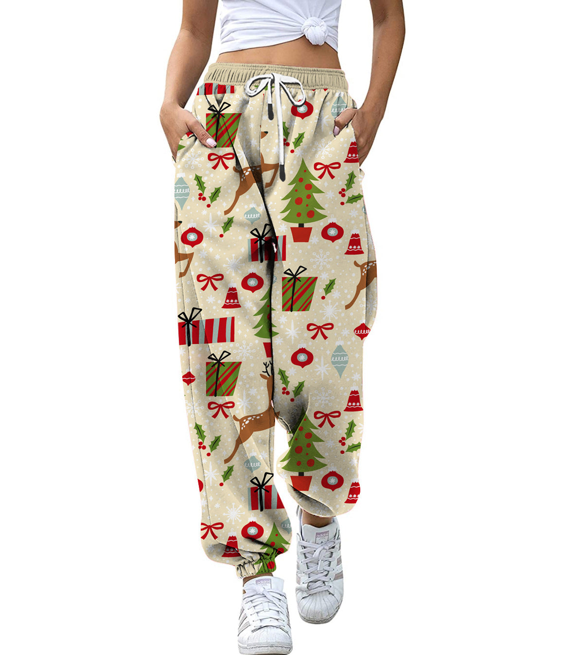 European And American Christmas High Waist Loose 3d Printed Casual Drawstring Women's Sports Casual Pants
