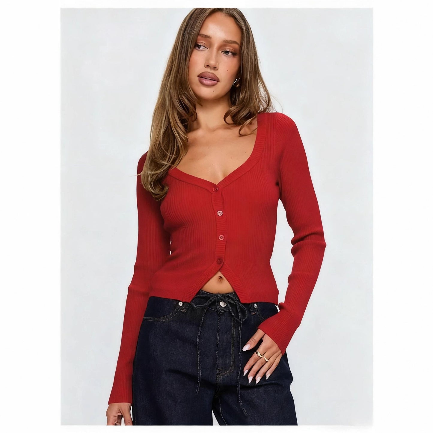 Women's European And American-style Long-sleeved Slim-fit Cropped Knit Top