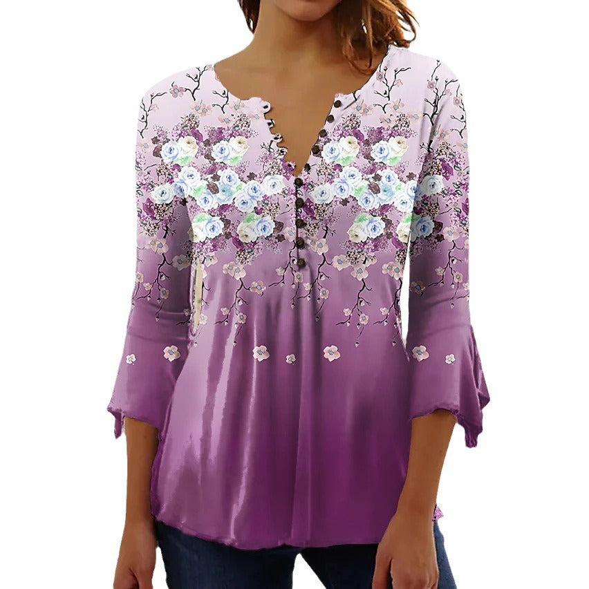 Bluse til kvinder med blomstret print, 3/4 ærmer, V-hals og knapper