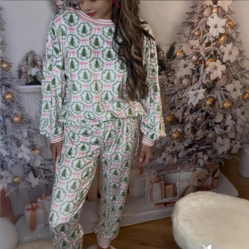 Women's Autumn And Winter Christmas Printed Long-sleeved Trousers Pajamas Home Wear