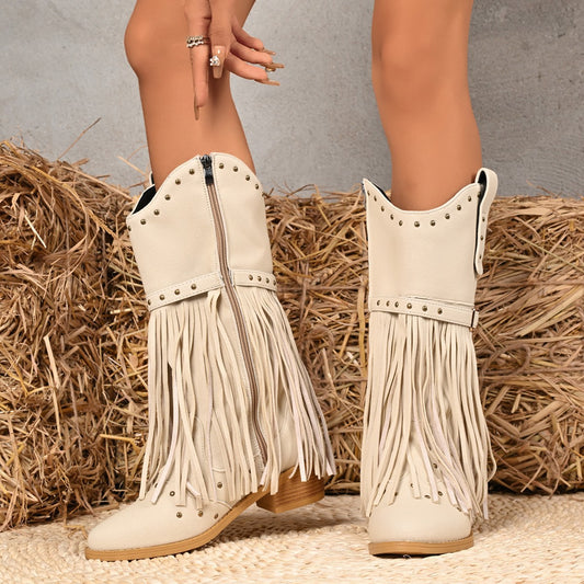 Western Cowboy Women's Boots Belt Buckle Rivet Tassel Big Middle Boots