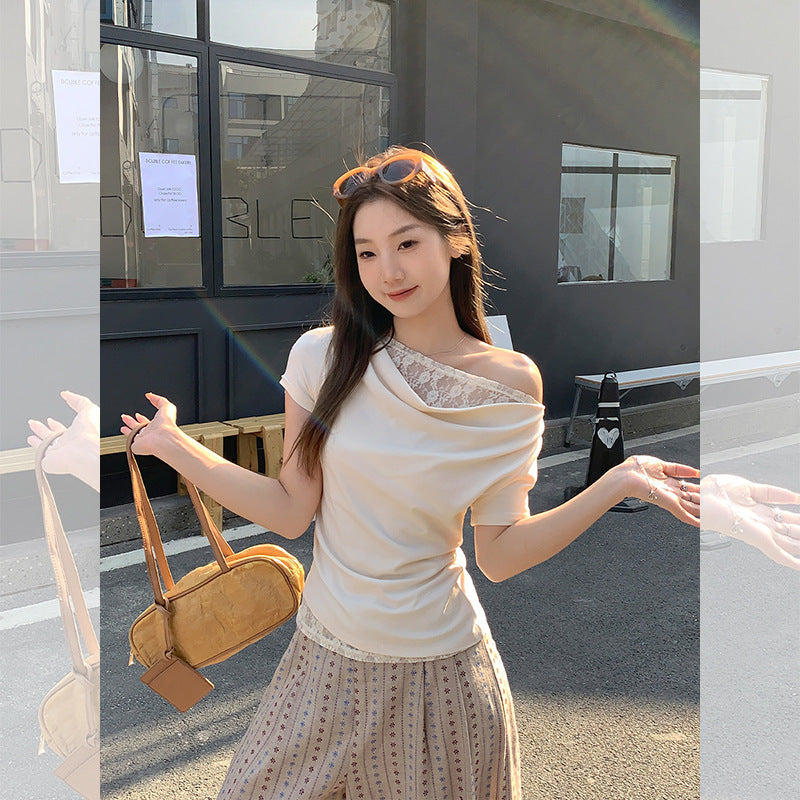 Koreansk stil blonde syning svingkrave off-shoulder kortærmet T-shirt