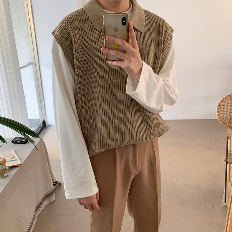 Mens Loose-fit V-neck Knitted Sweater Versatile Solid-color Outerwear Vest