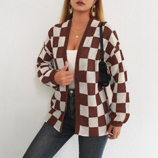 Womens Casual Loose Sweater Coat With A Checkerboard Pattern