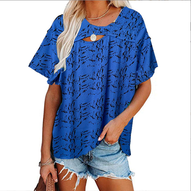 Hollow Crew Neck Casual Home Print Short Sleeves
