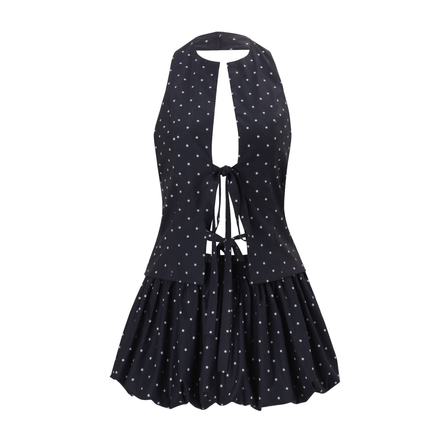 Sexy Cutout Backless Polka-Dot Halter Top And Low-Waist A-Line Skirt Set