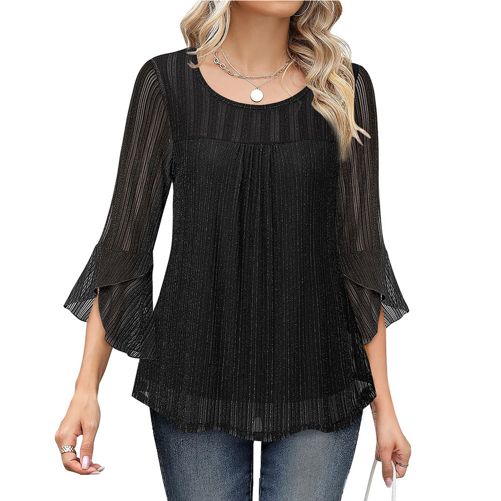 Elegant And Stylish Round-neck Top With Ruffled Sleeves And Sparkling Mesh Fabric