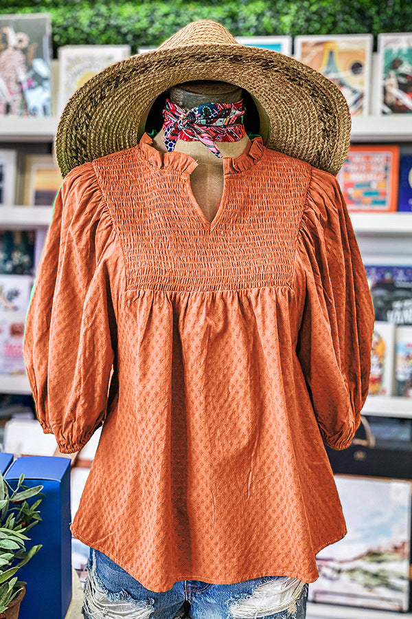 Bell Sleeve Gathers Cotton V-neck Gathers T-shirt