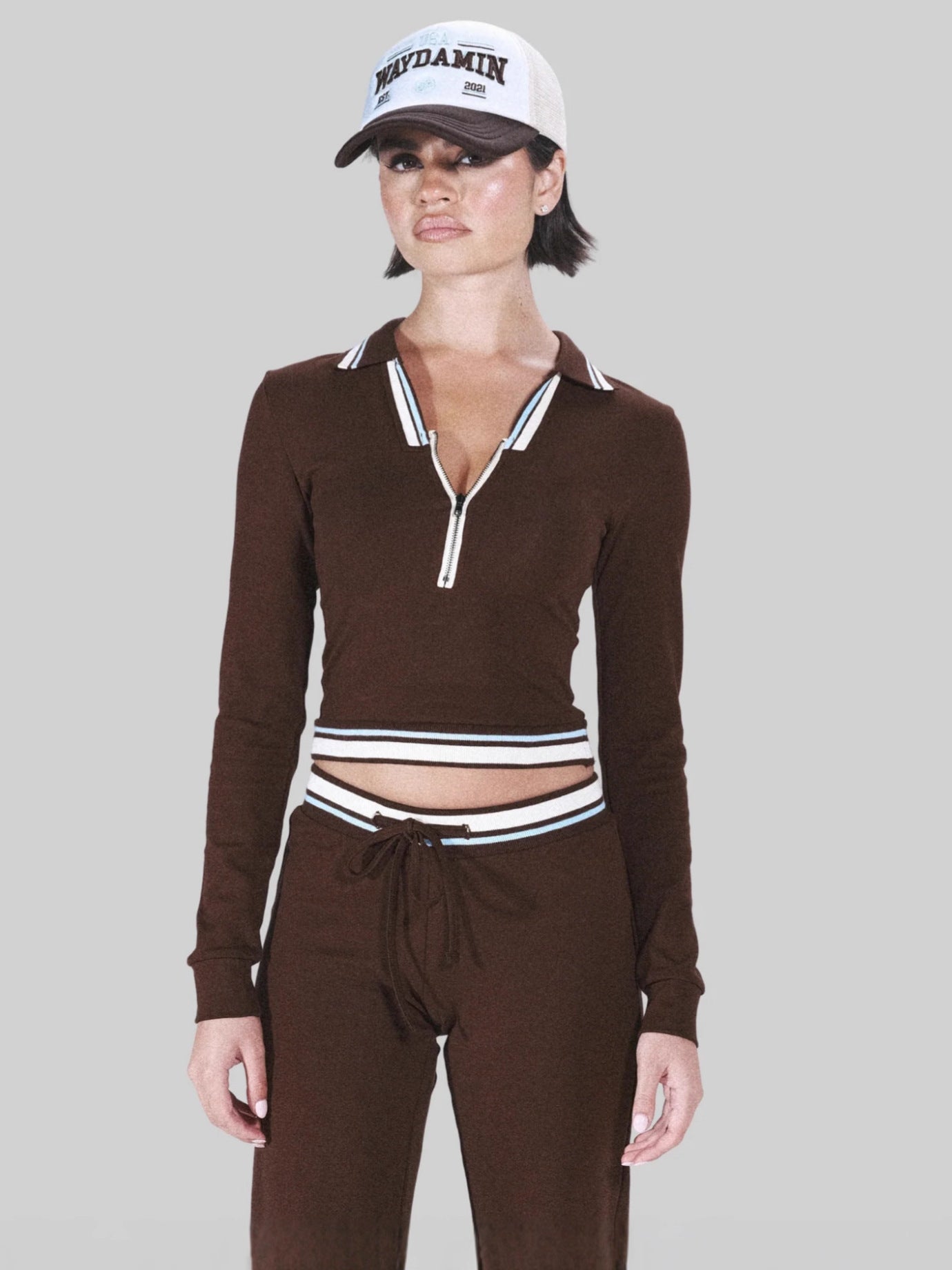 Fashionable Retro Streetwear Casual Long-Sleeve Color-Block Pants Set