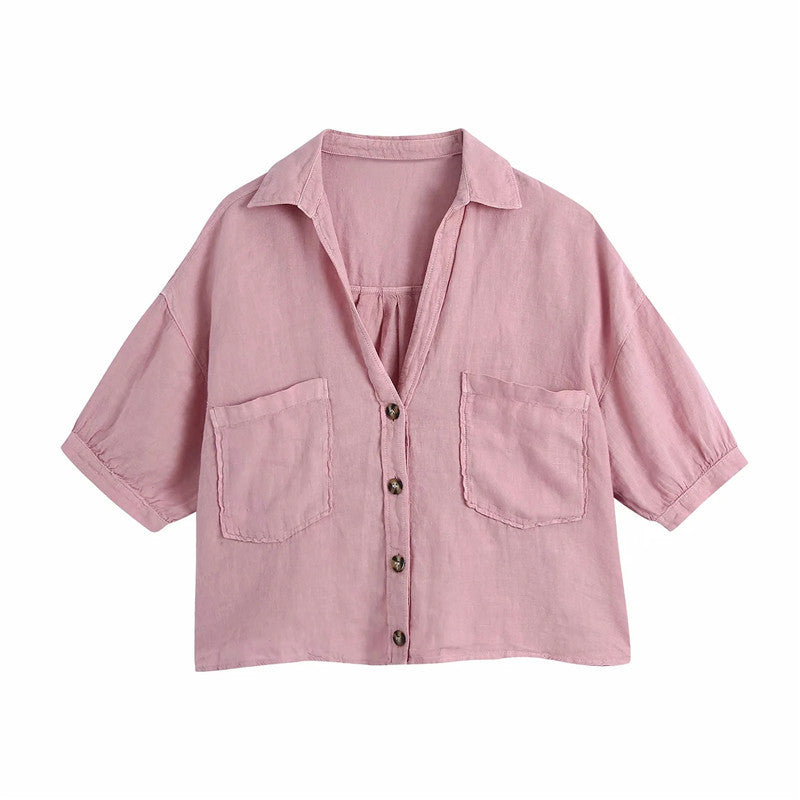 Women's Summer Solid Color Lapel Casual Short Shirt Top