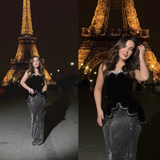 Black Crystal Tube Top Bandage Top High Waist Long Skirt Two-piece Suit