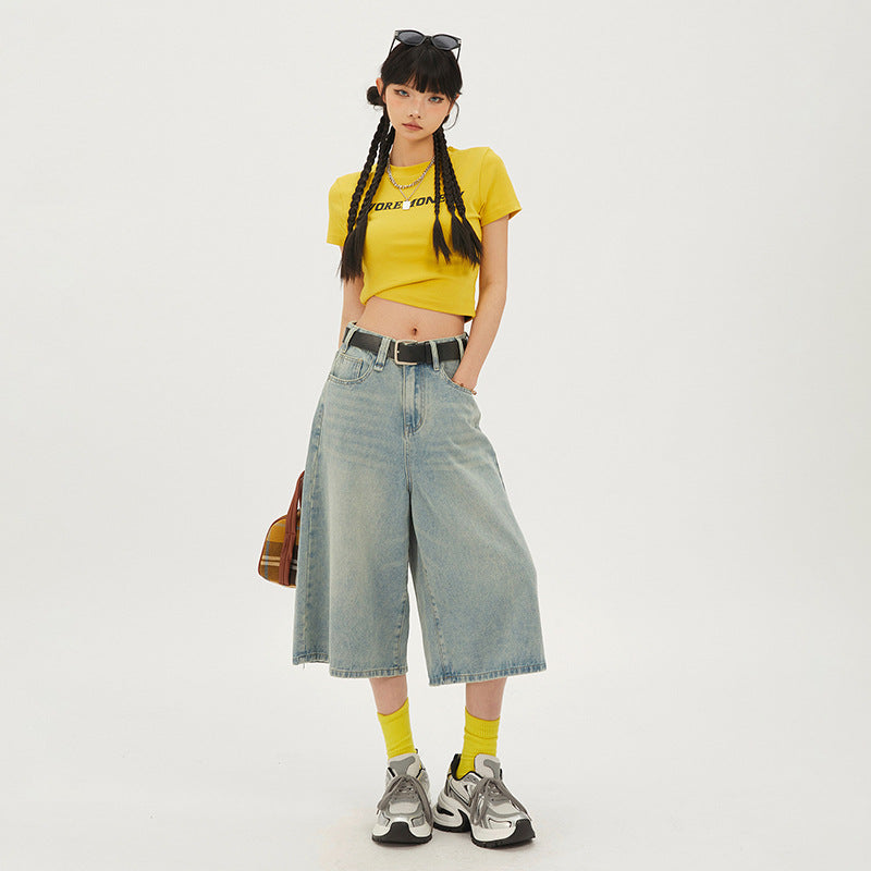 Amerikanske Retro Bukser med Høj Talje, Løs Pasform, Brede Ben, Alsidige Cropped Bukser Shorts Straight