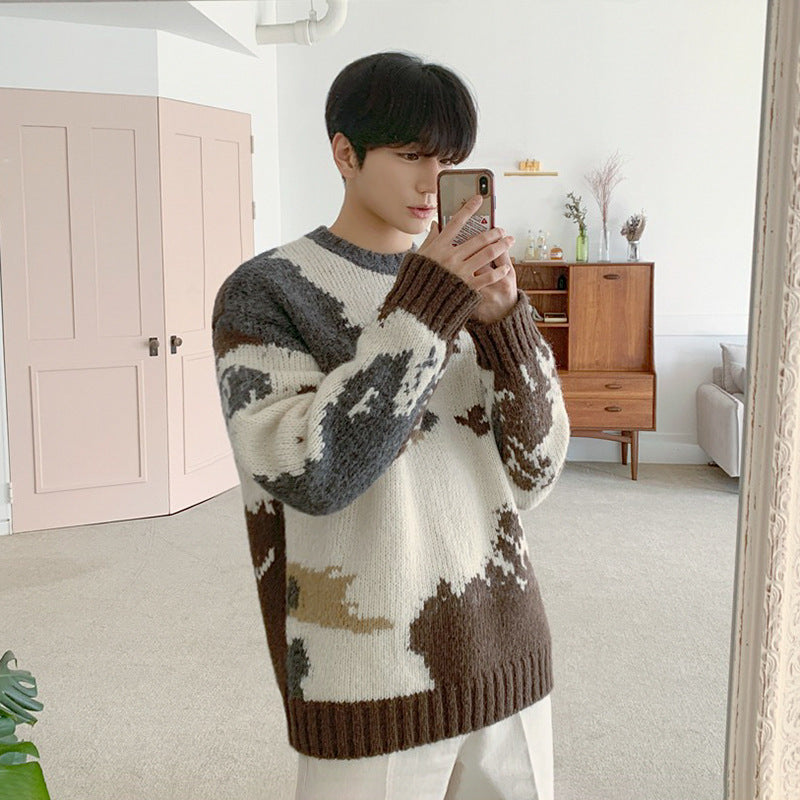 Men's Trendy Japanese Jacquard Loose Round Neck Sweater