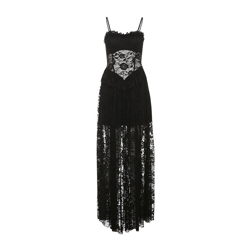 Womens Black Lace Slip Dress With A See Through Bustier Design