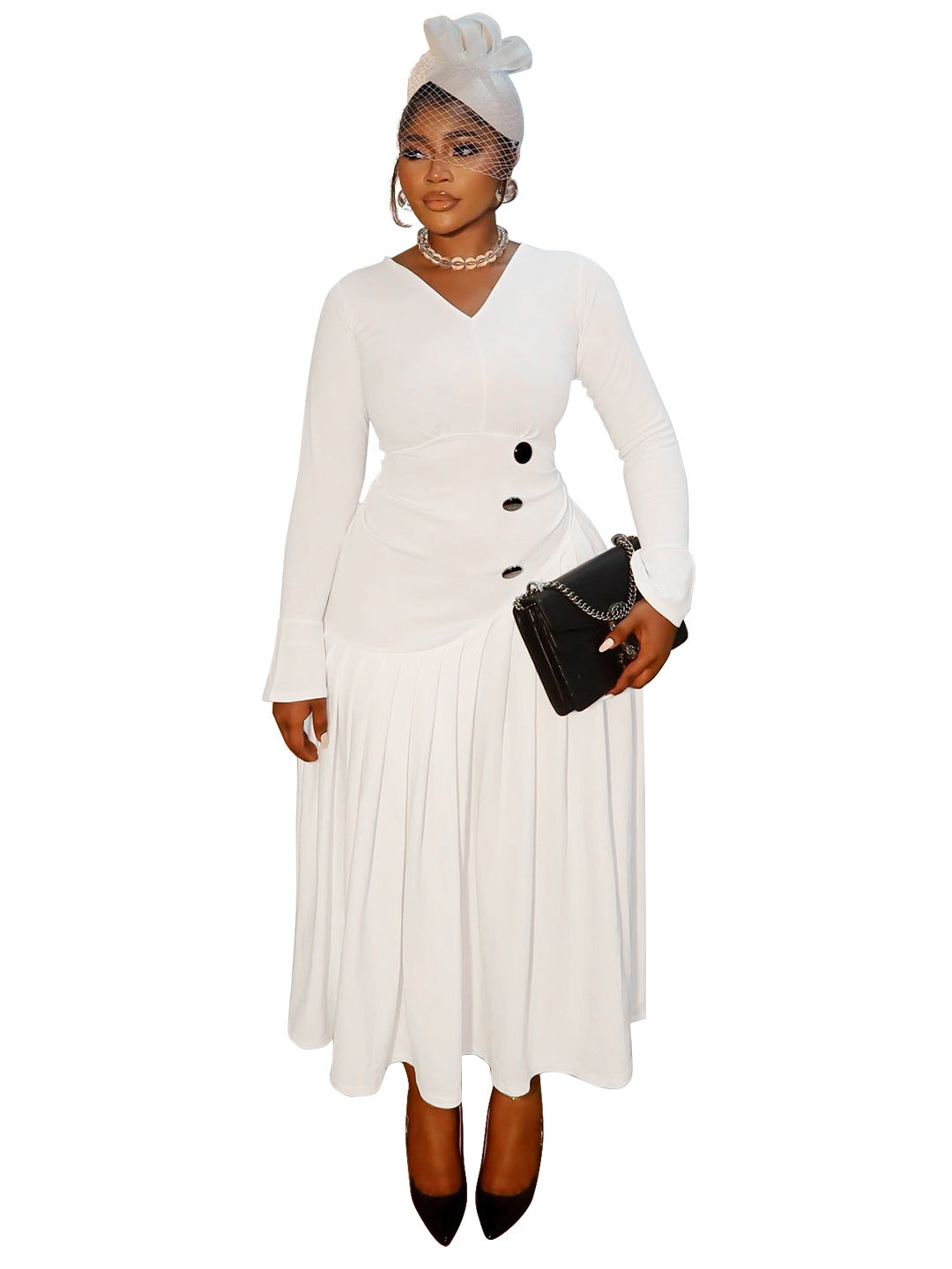 V-neck Waist-cinching Fashionable Pleated Maxi Skirt