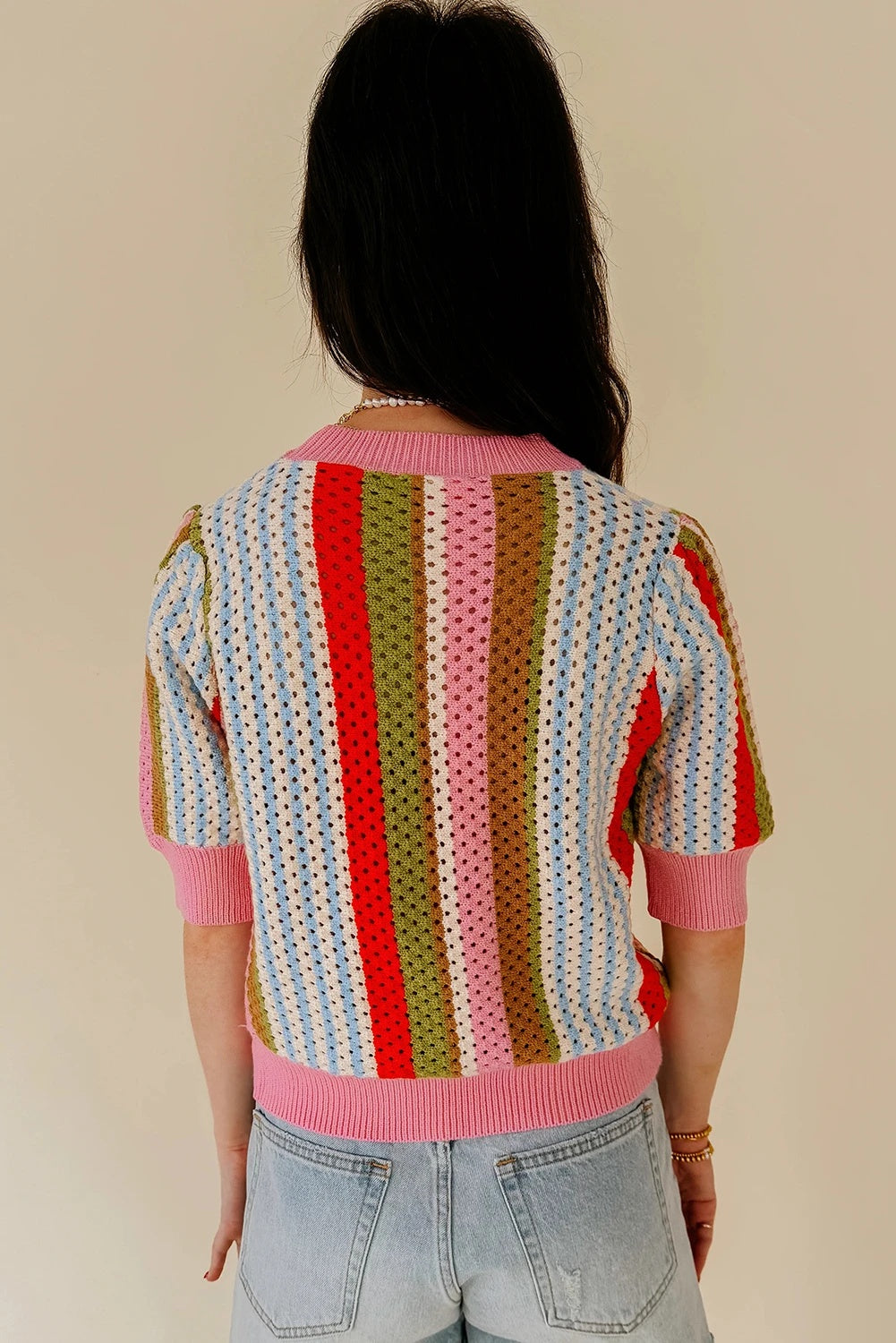 Multicolor Striped Hollow-out Knit Short Sleeve Sweater