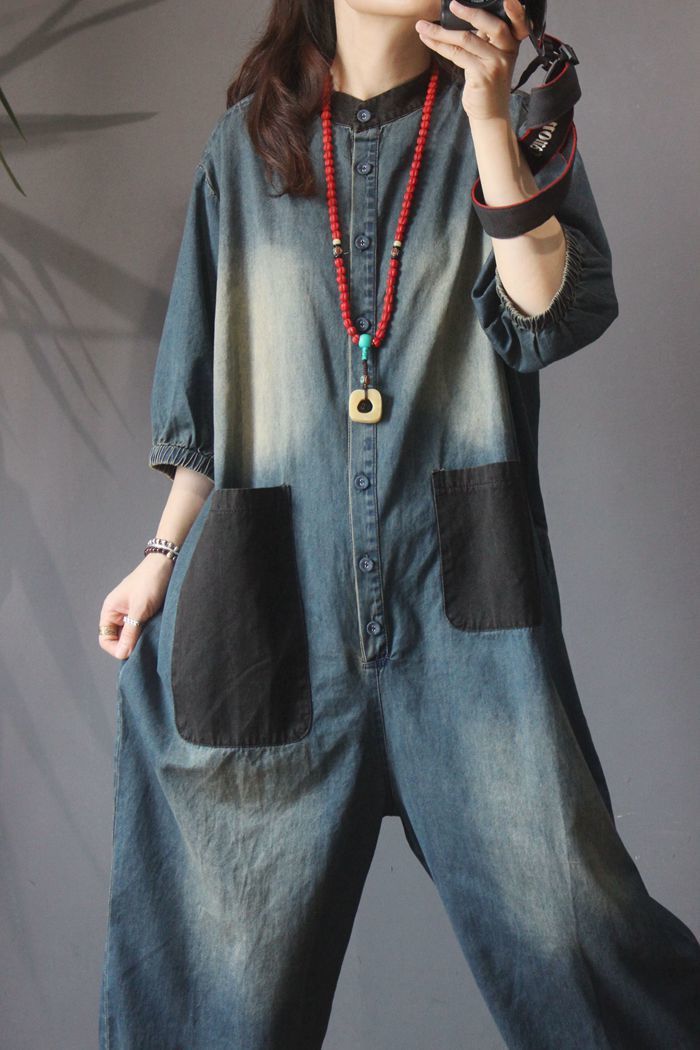 Retro Personality Plus Size Patch Large Pocket Jumpsuit