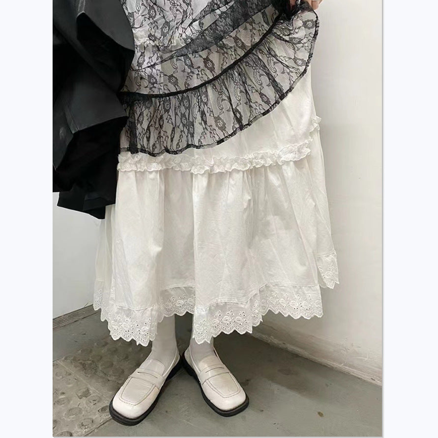 Spring White Lace Trim Tiered Skirt