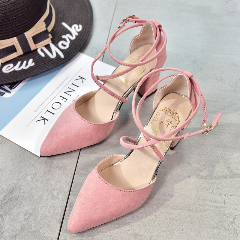 Pointed Suede High-heeled Shoes With A Buckle And Lace-up