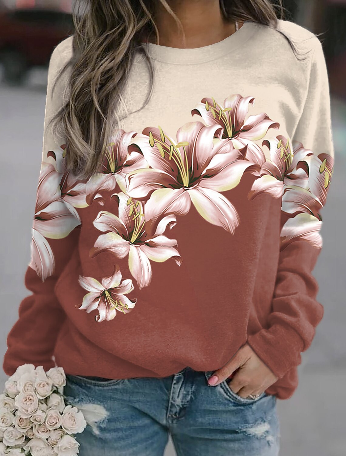 Dame pullover, printet, sport, rund hals, lange ærmer
