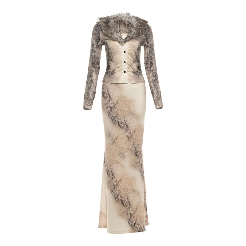 Slim-fit V-neck Long-sleeve Top And Skirt Set For Women