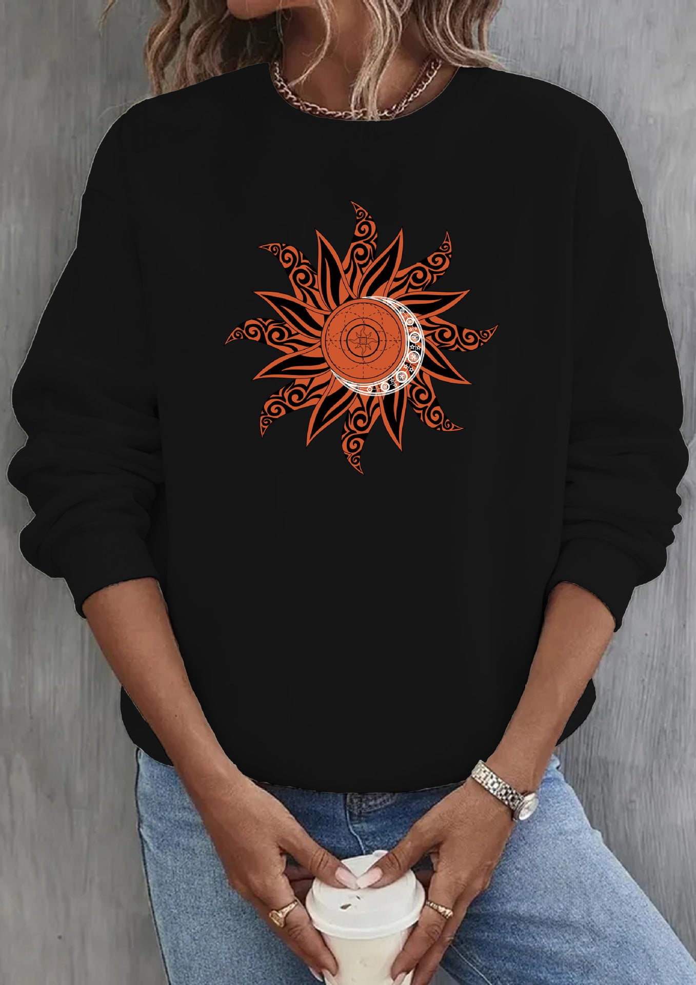 Loose Sun Series Fashion Print Round Neck Sweater
