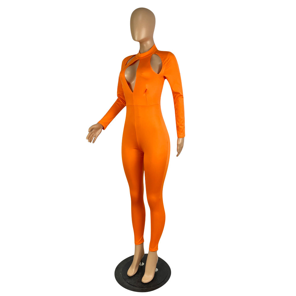 Women's Solid Color Long-sleeved Invisible Cut-out Jumpsuit