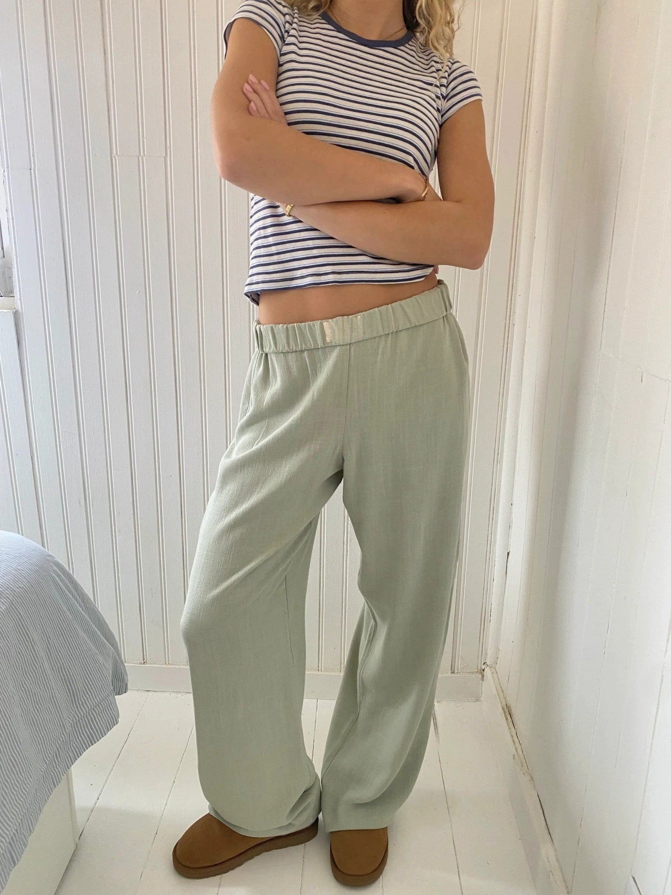 Vertical Stripes Stitching Waist Elastic Wide Leg Pants Fake Two Pieces